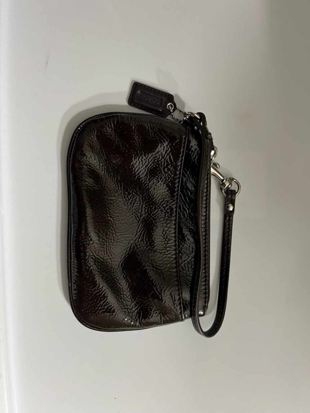 Coach Black Patent Leather Wristlet Pouch with Strap